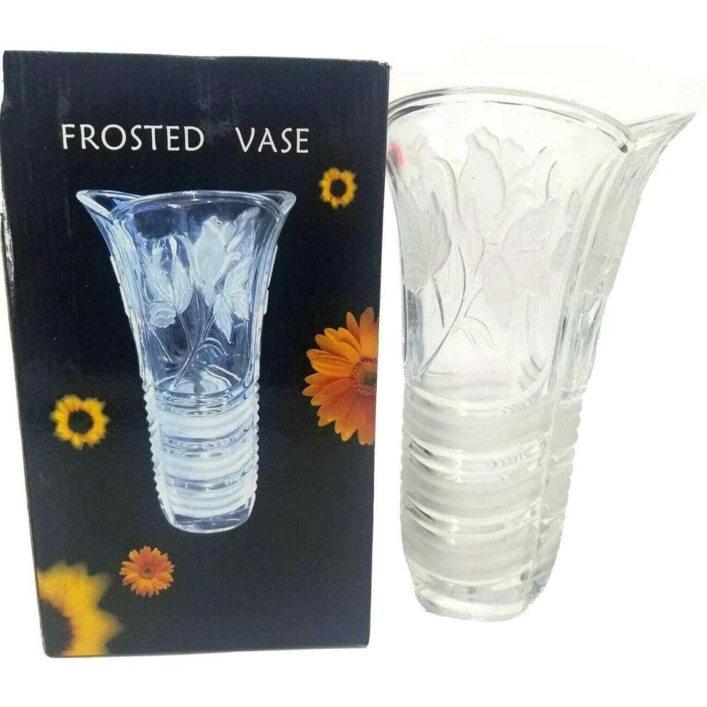 Vintage Crystal Frosted Vase 11" Large Tall Clear With Box Scalloped Edge Etched